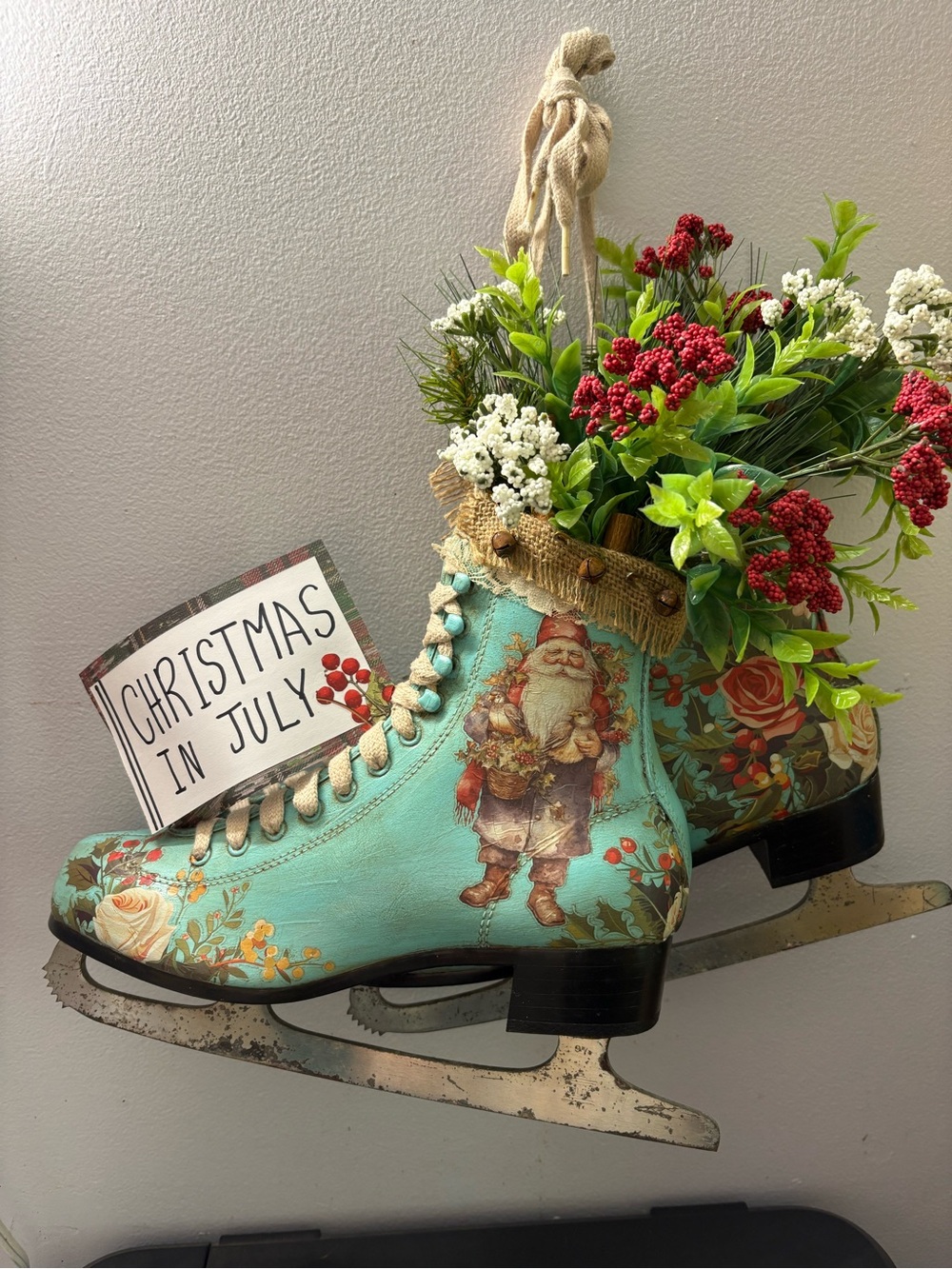 Ice blue Vintage Santa Decorative Ice Skate Decor